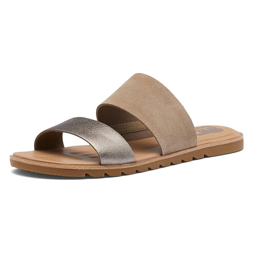 Sorel Ella II Slide Metallic Leather Slip On 2 Strap Sandals Tan Silver, 6.6